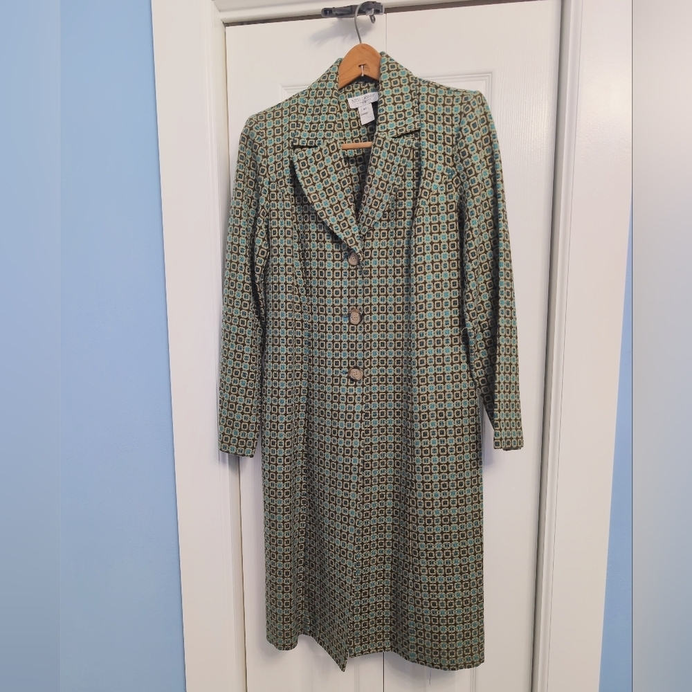 Vintage Miss Dorby Tan Turquoise Brown Sz 10 Geometric Patterned Coat Dress
